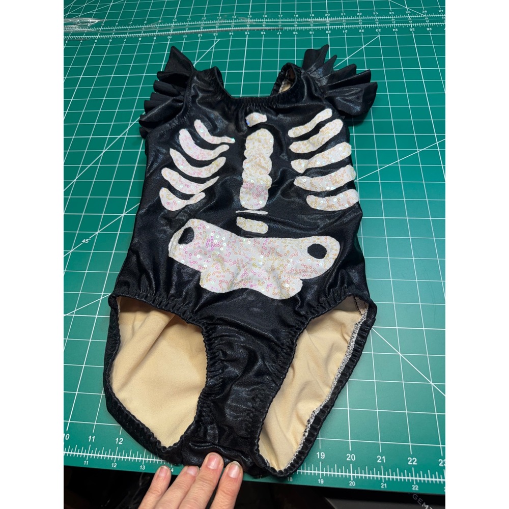 Kids Black Shimmer Skeleton Sequin Leotard Ruffle Sleeve Lace Up Back Halloween